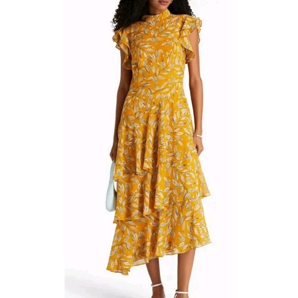 MIKAEL AGHAL Midi Tiered Dress High Neck Low V Back Leaf US 2 Asymmetric Ruffled